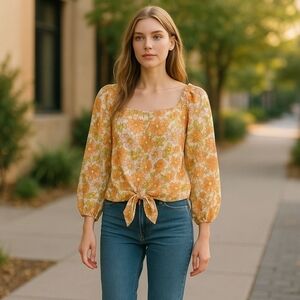 Square Neck Floral Blouse With A Tie Bottom.